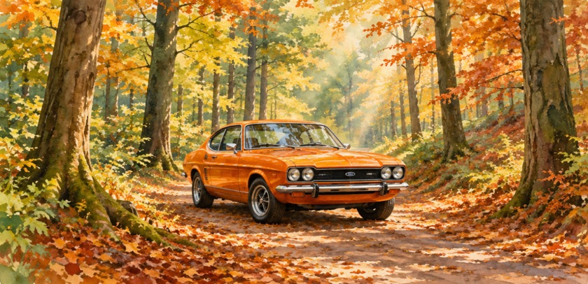 Dezelfde opdracht in de stijl Aquarel: een oranje auto op een bospad in de herfst