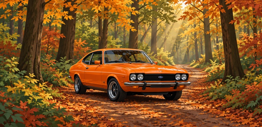 Dezelfde opdracht in de stijl Cartoon: een oranje auto op een bospad in de herfst