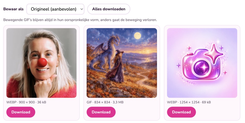 De plaatjes van de post, elk met een Download-knop